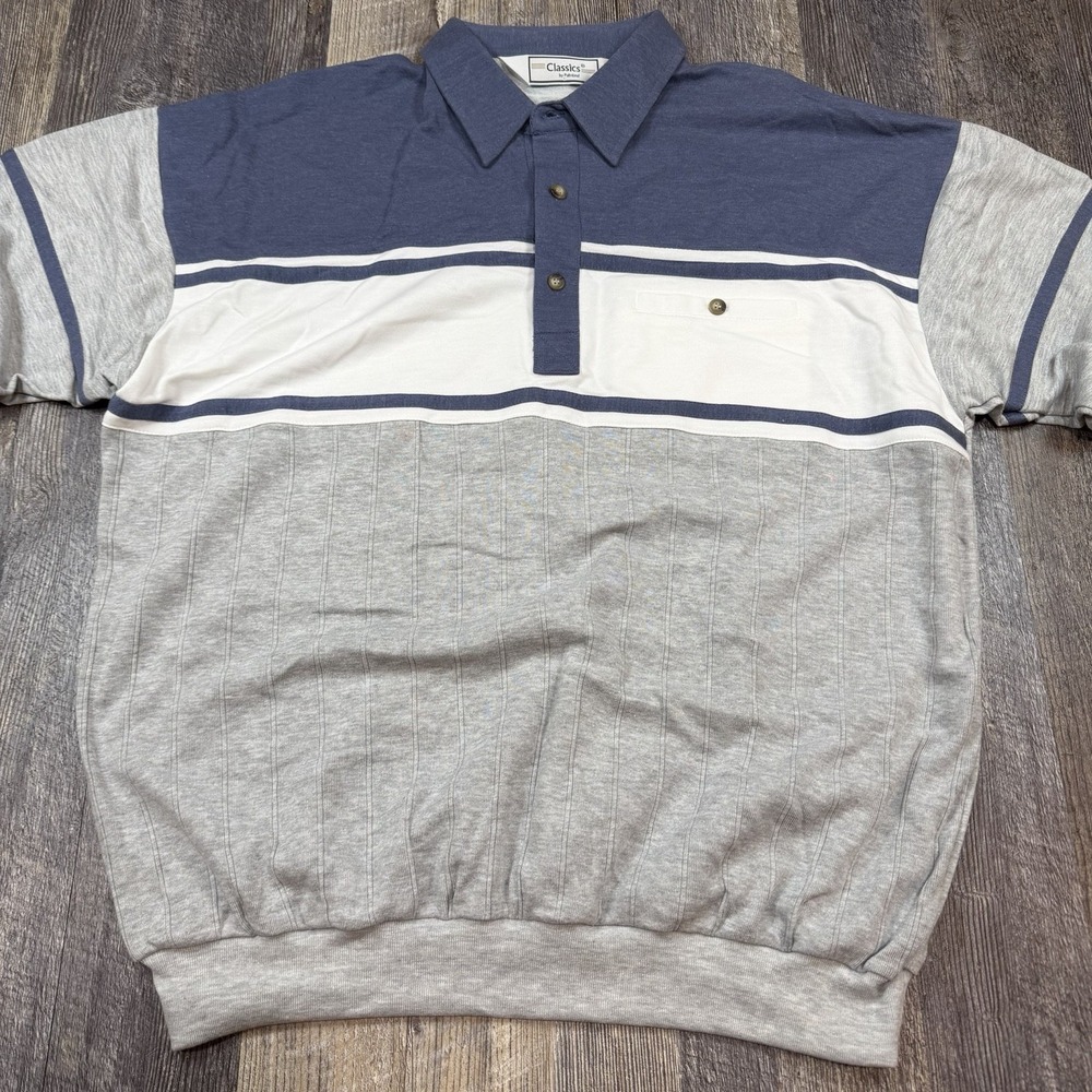 Vintage Classics Palmland Polo Shirt Mens XL Blue Gray Colorblock Banded Bottom